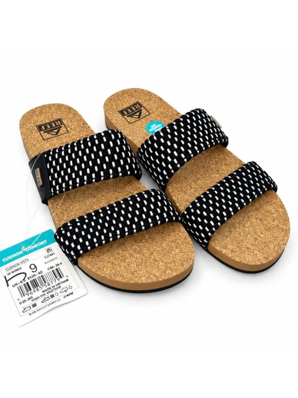 REEF Cushion Vista Black White Braid Slide Sandals Women's Size 9 Arch Support